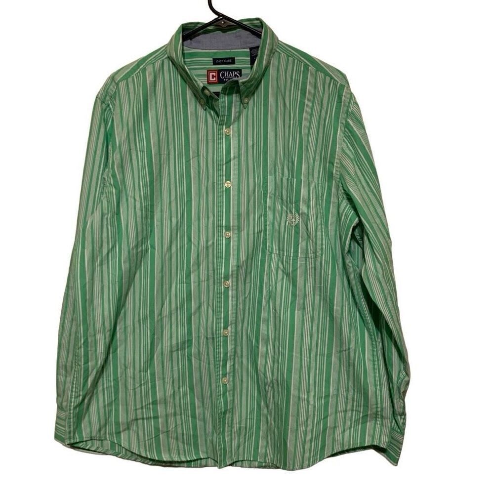 Chaps Easy Care Size Large Green White Striped Long Sleeved Button Shirt
